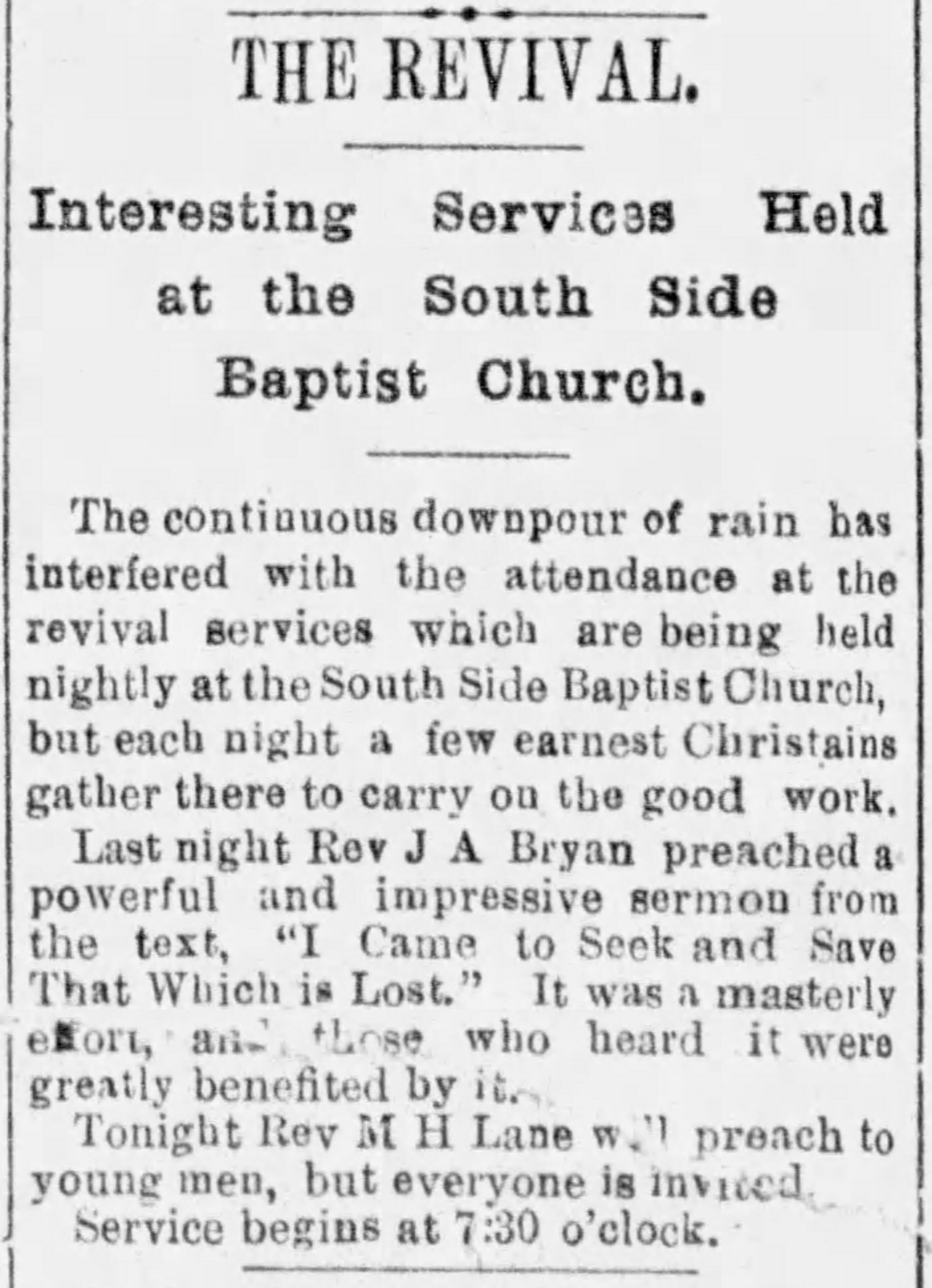 The Revival: Interesting Services Held at the South Side Baptist Church